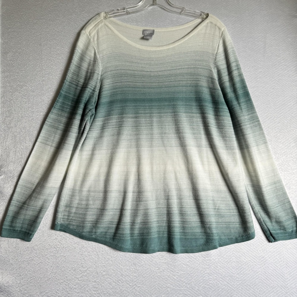 Chicos Sweater Womens 2 Large Blue Green Ombre Long Sleeve Knit Pullover Top